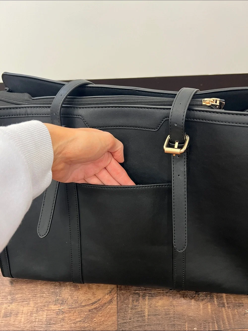 Black Leather Women’s Laptop Bag with Gold Accents